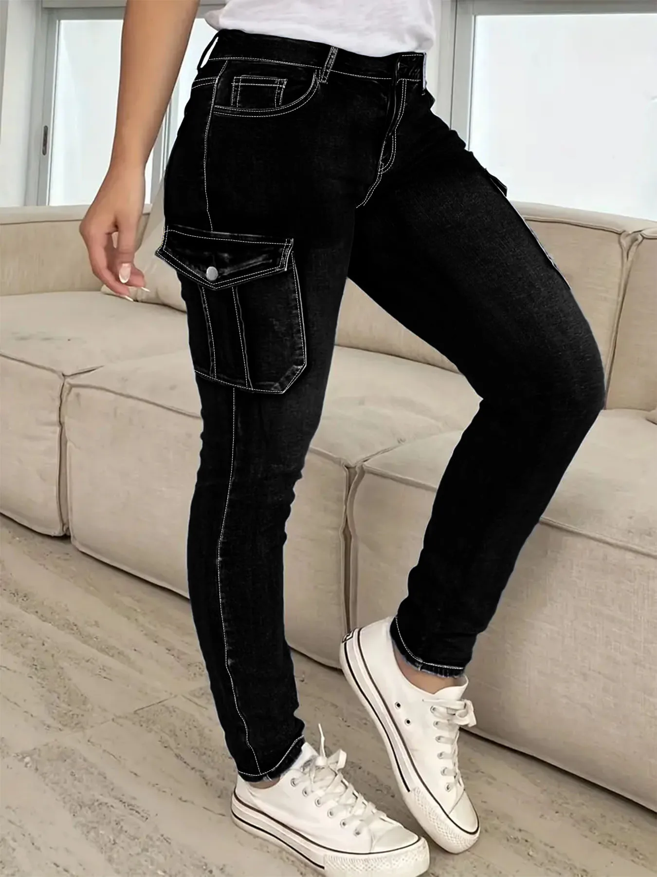 Large Size Black Multi-Pocket Flip Bag High Waist Elastic Street Fashion Casual Comfort Four Seasons Women's Large Size Jeans