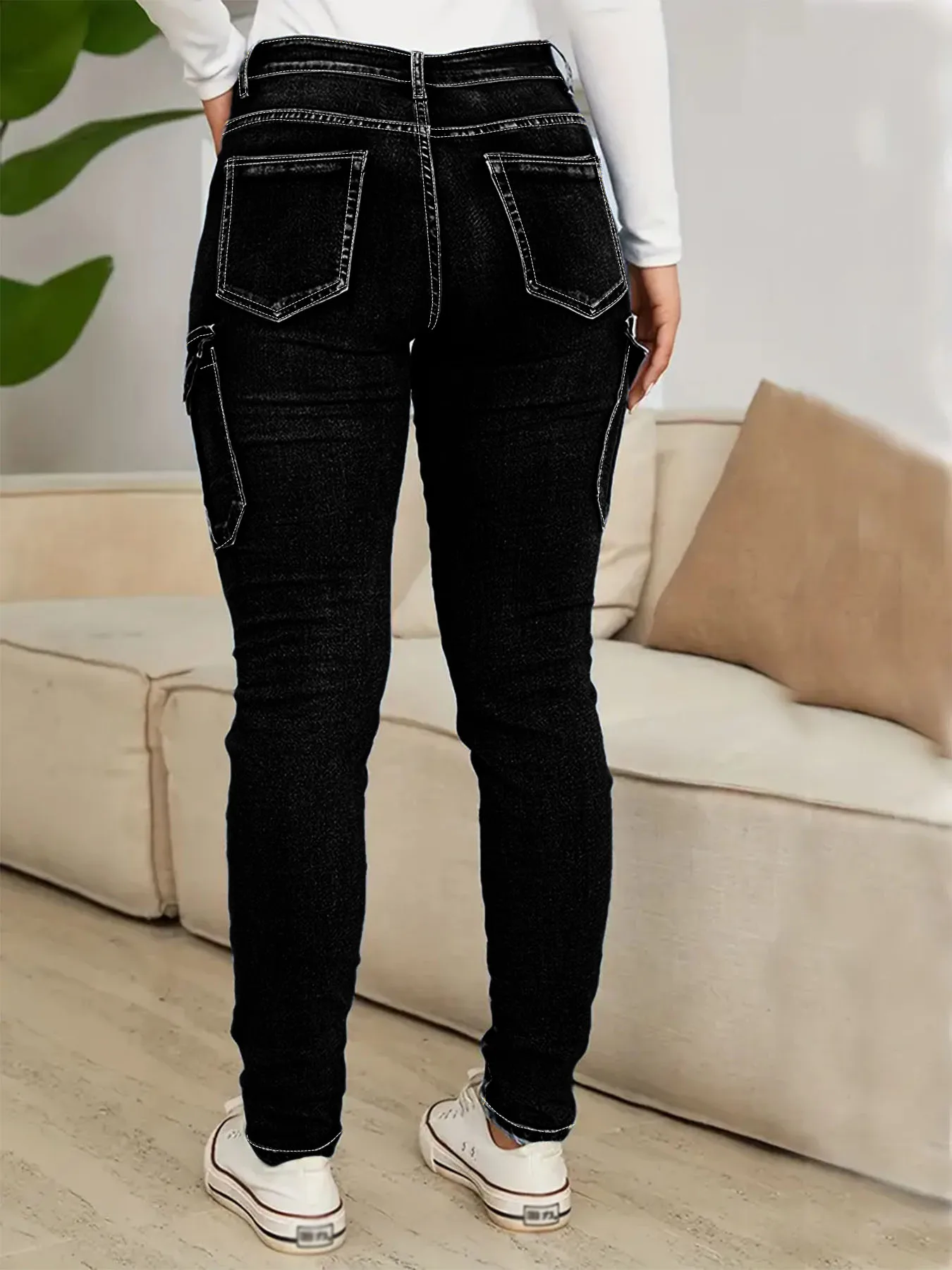 Large Size Black Multi-Pocket Flip Bag High Waist Elastic Street Fashion Casual Comfort Four Seasons Women's Large Size Jeans