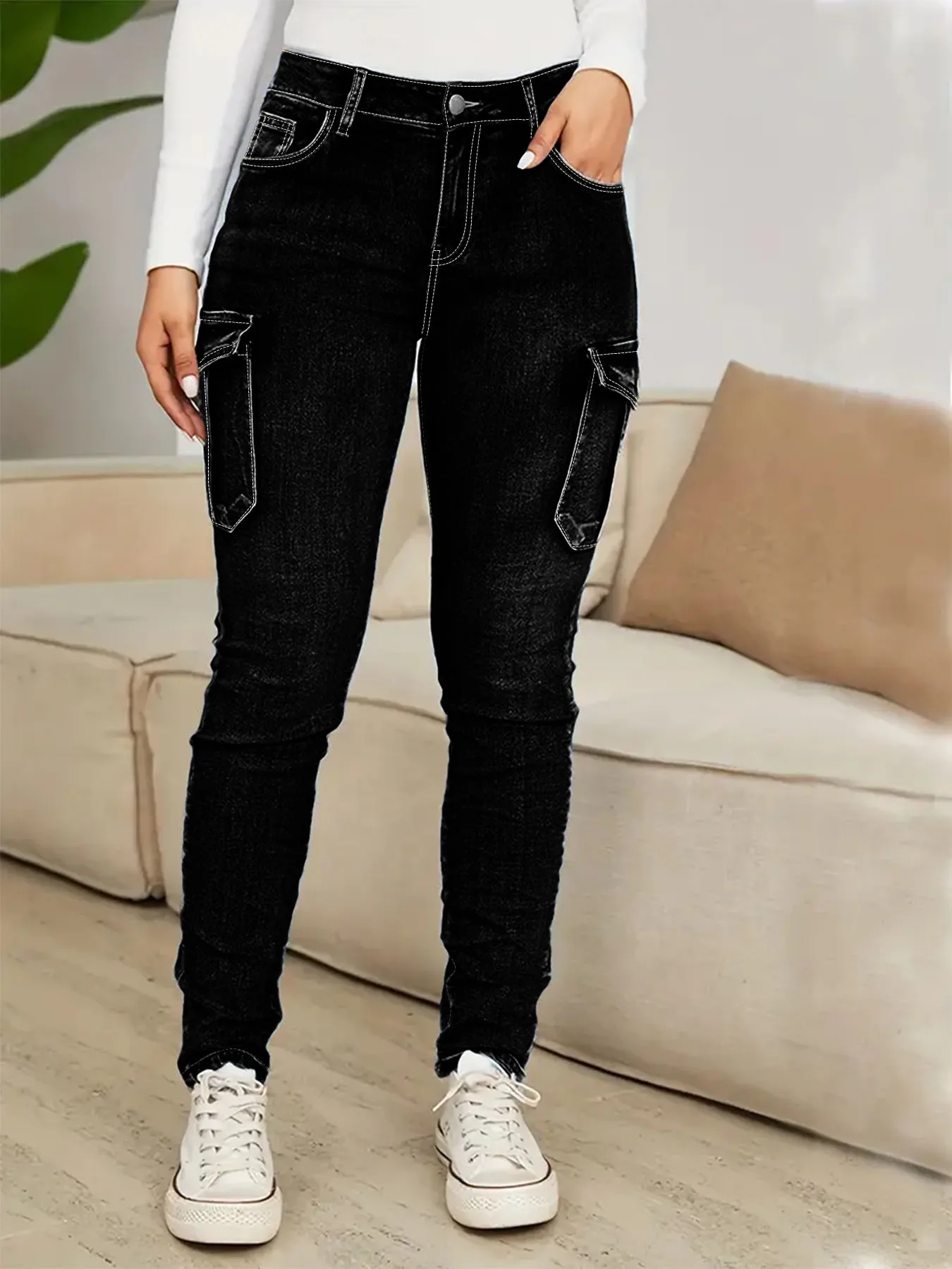 Large Size Black Multi-Pocket Flip Bag High Waist Elastic Street Fashion Casual Comfort Four Seasons Women's Large Size Jeans