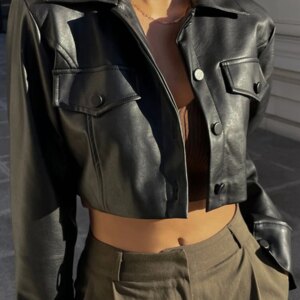 Women Crop Leather Jacket Solid Black Casual Long Sleeve Button Down Jacket Fall Outwear
