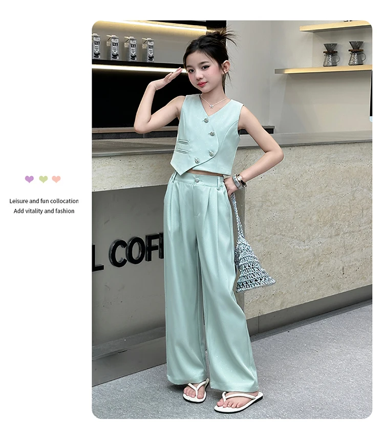 2025 Summer Girls Asymmetric Sleeveless Blazer Suit Teenager Two-Piece Set Formal Tops with Pants Fashionable Kids Occasion Wear 2025 Summer Girls Asymmetric Sleeveless Blazer Suit Teenager Two-Piece Set Formal Tops with Pants Fashionable Kids Occasion Wear