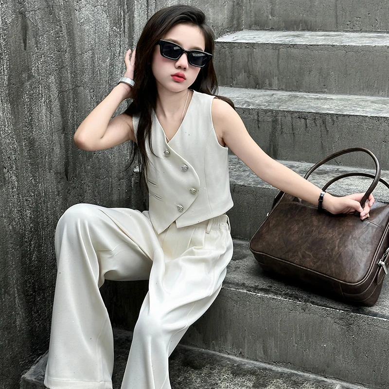 2025 Summer Girls Asymmetric Sleeveless Blazer Suit Teenager Two-Piece Set Formal Tops with Pants Fashionable Kids Occasion Wear