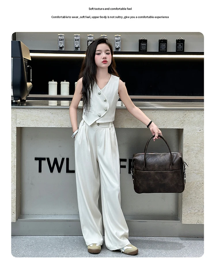 2025 Summer Girls Asymmetric Sleeveless Blazer Suit Teenager Two-Piece Set Formal Tops with Pants Fashionable Kids Occasion Wear 2025 Summer Girls Asymmetric Sleeveless Blazer Suit Teenager Two-Piece Set Formal Tops with Pants Fashionable Kids Occasion Wear