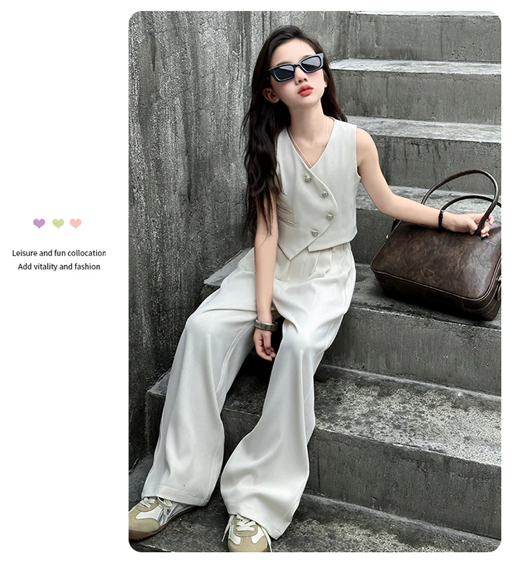 2025 Summer Girls Asymmetric Sleeveless Blazer Suit Teenager Two-Piece Set Formal Tops with Pants Fashionable Kids Occasion Wear 2025 Summer Girls Asymmetric Sleeveless Blazer Suit Teenager Two-Piece Set Formal Tops with Pants Fashionable Kids Occasion Wear
