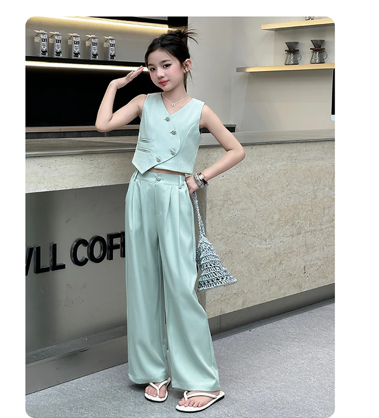 2025 Summer Girls Asymmetric Sleeveless Blazer Suit Teenager Two-Piece Set Formal Tops with Pants Fashionable Kids Occasion Wear 2025 Summer Girls Asymmetric Sleeveless Blazer Suit Teenager Two-Piece Set Formal Tops with Pants Fashionable Kids Occasion Wear