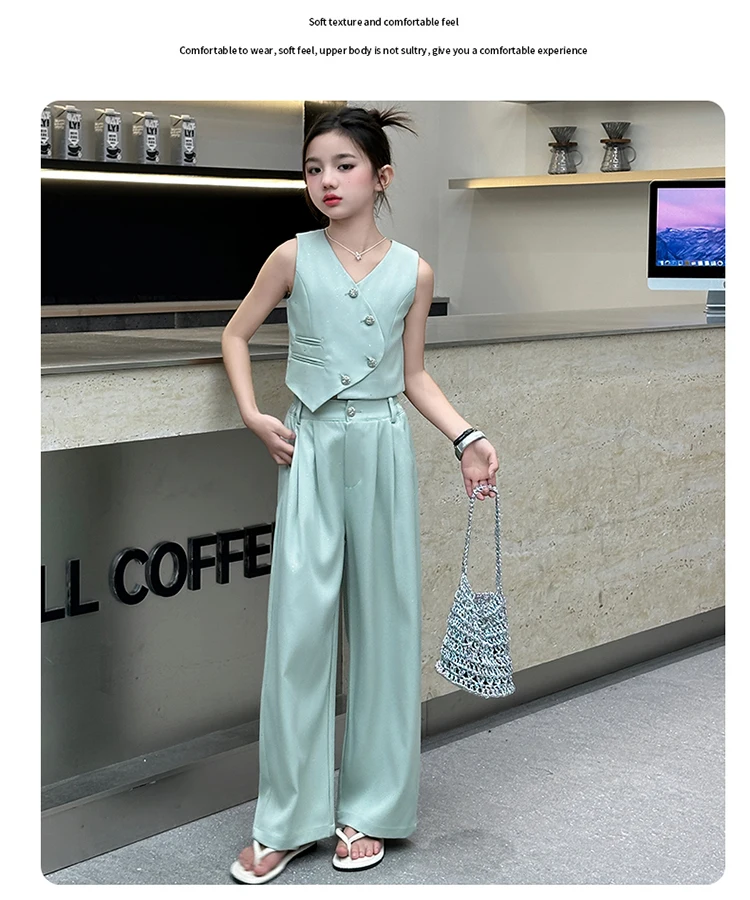 2025 Summer Girls Asymmetric Sleeveless Blazer Suit Teenager Two-Piece Set Formal Tops with Pants Fashionable Kids Occasion Wear 2025 Summer Girls Asymmetric Sleeveless Blazer Suit Teenager Two-Piece Set Formal Tops with Pants Fashionable Kids Occasion Wear