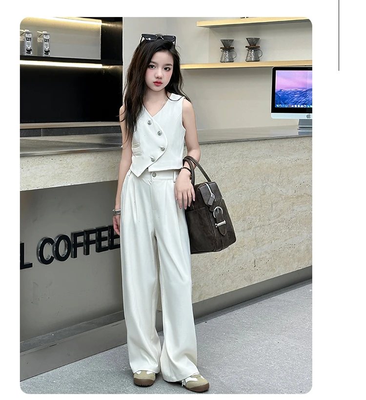 2025 Summer Girls Asymmetric Sleeveless Blazer Suit Teenager Two-Piece Set Formal Tops with Pants Fashionable Kids Occasion Wear 2025 Summer Girls Asymmetric Sleeveless Blazer Suit Teenager Two-Piece Set Formal Tops with Pants Fashionable Kids Occasion Wear