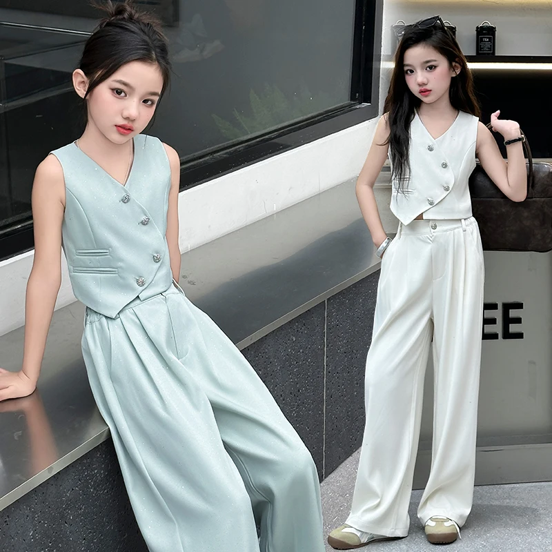 2025 Summer Girls Asymmetric Sleeveless Blazer Suit Teenager Two-Piece Set Formal Tops with Pants Fashionable Kids Occasion Wear