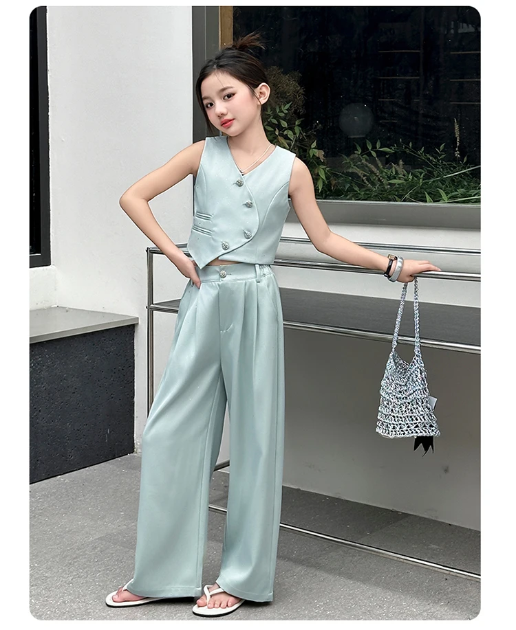 2025 Summer Girls Asymmetric Sleeveless Blazer Suit Teenager Two-Piece Set Formal Tops with Pants Fashionable Kids Occasion Wear 2025 Summer Girls Asymmetric Sleeveless Blazer Suit Teenager Two-Piece Set Formal Tops with Pants Fashionable Kids Occasion Wear