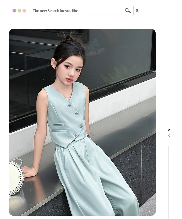 2025 Summer Girls Asymmetric Sleeveless Blazer Suit Teenager Two-Piece Set Formal Tops with Pants Fashionable Kids Occasion Wear 2025 Summer Girls Asymmetric Sleeveless Blazer Suit Teenager Two-Piece Set Formal Tops with Pants Fashionable Kids Occasion Wear