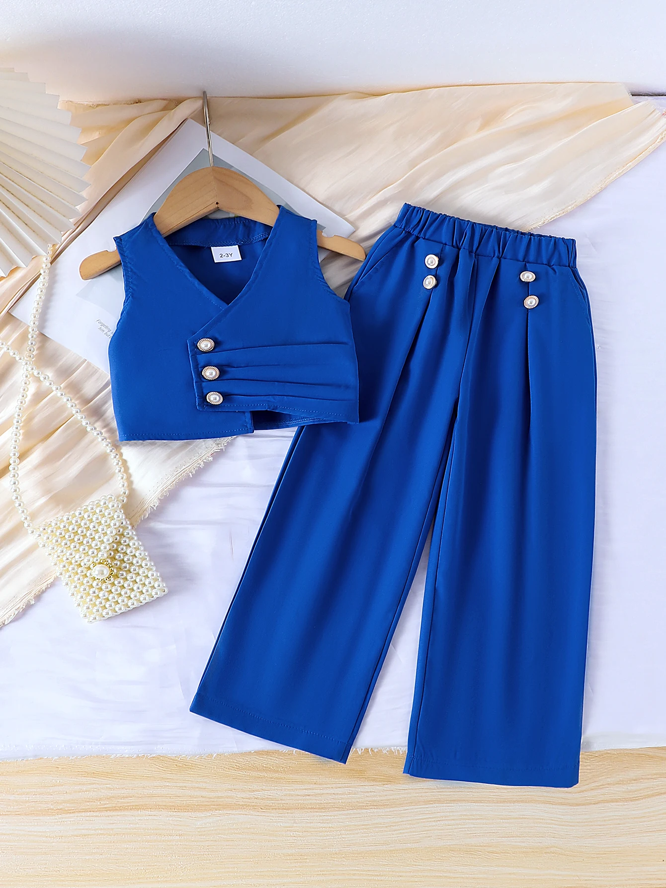 2PCS  Spring And Summer European And American New Style Girls 2-7 Years Old Comfortable And Fashionable Blue Top + Pantsuit