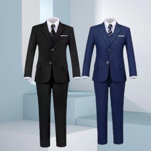 Children Black Blue 4Pieces/Set Jacket Vest Pants Tie Photograph Wedding Suit Boys Festival Birthday Dress Kids Host Costume