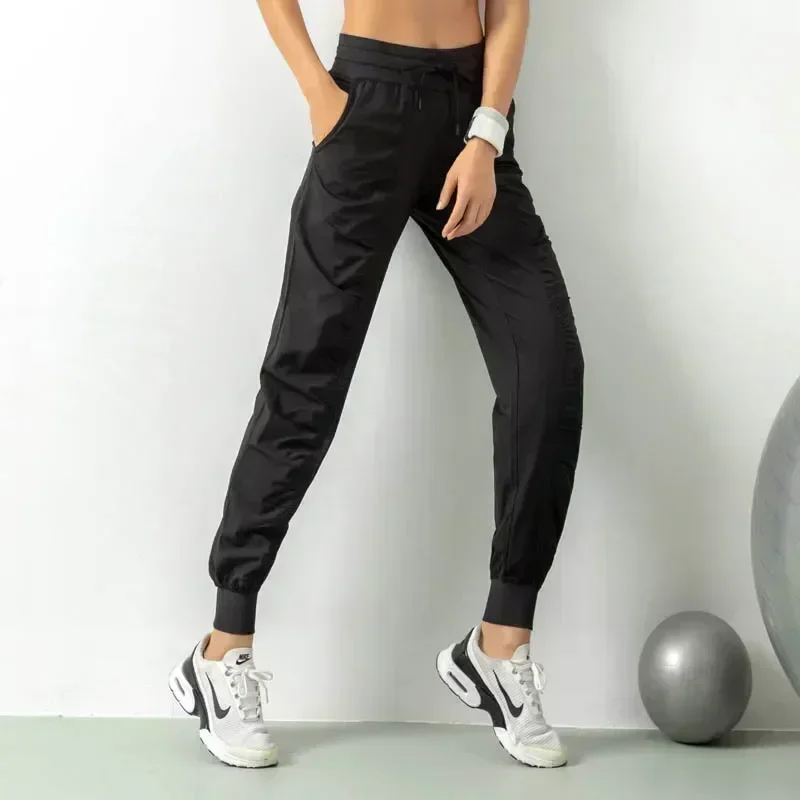 Fabric Drawstring Running Sport Joggers Women Quick Dry Athletic Gym Fitness Sweatpants with Side Pockets Leisure Exercise Pants