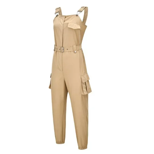 2021 Wish Women's Utility Jumpsuit Beltless Sleeveless Simple Tied Pants Working Uniform Cross-border Style from China