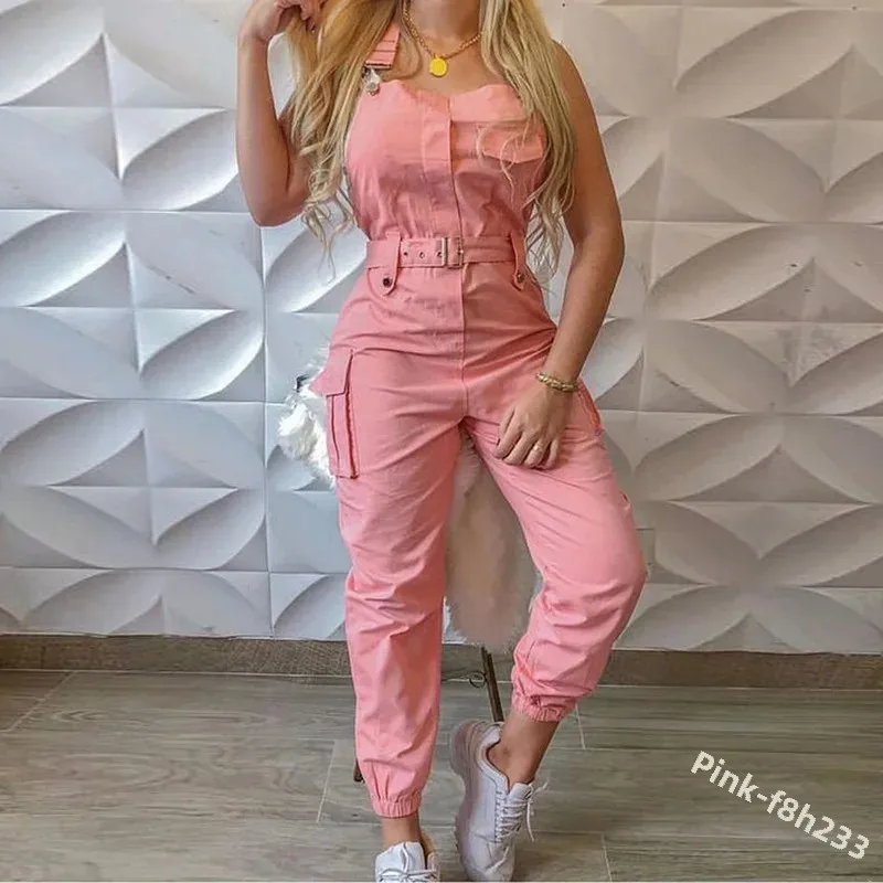 2021 Wish Women's Utility Jumpsuit Beltless Sleeveless Simple Tied Pants Working Uniform Cross-border Style from China