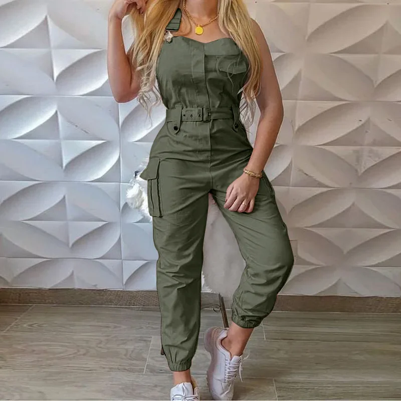 2021 Wish Women's Utility Jumpsuit Beltless Sleeveless Simple Tied Pants Working Uniform Cross-border Style from China