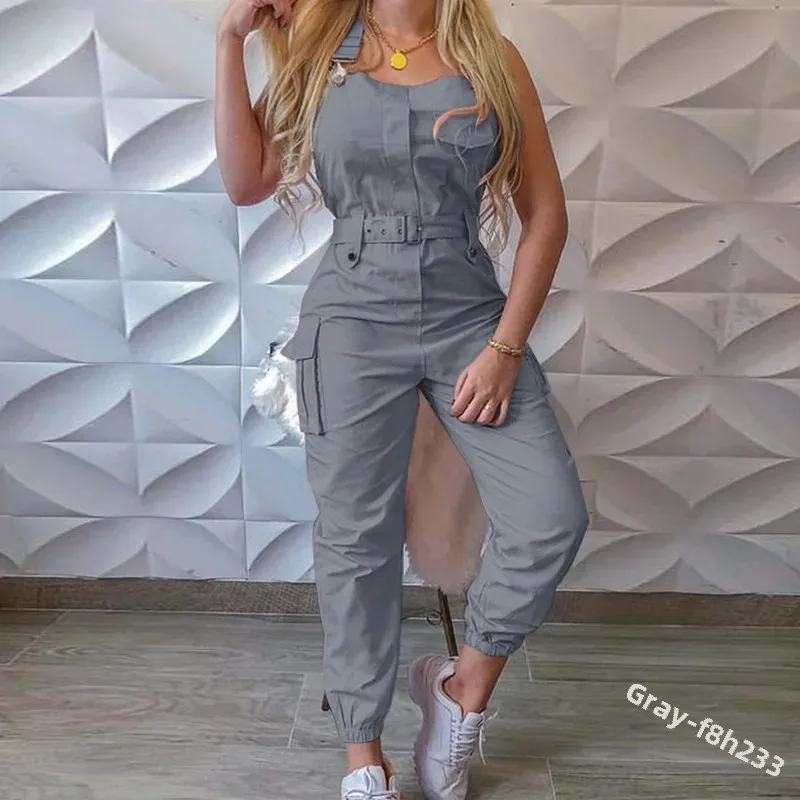 2021 Wish Women's Utility Jumpsuit Beltless Sleeveless Simple Tied Pants Working Uniform Cross-border Style from China