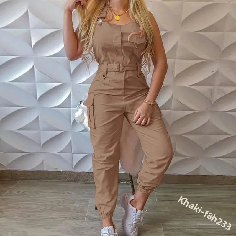 2021 Wish Women's Utility Jumpsuit Beltless Sleeveless Simple Tied Pants Working Uniform Cross-border Style from China