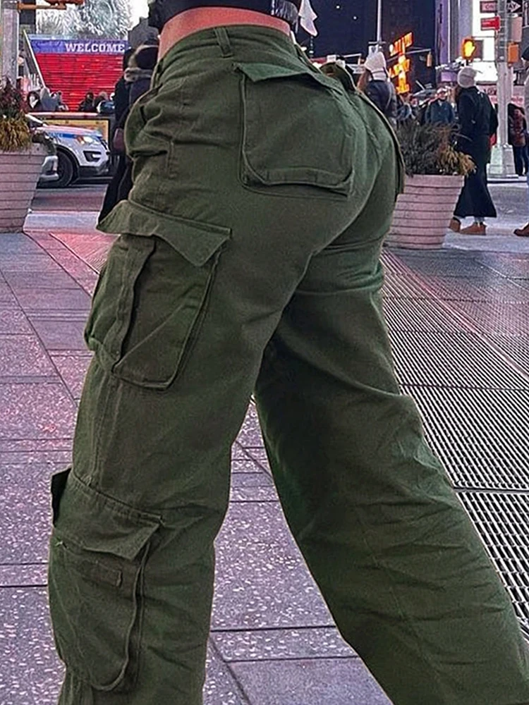 Womens New Denim Cargo Pants Retro Loose Trousers Multi Pocket Hip Hop Jeans Streetwear Wide Leg Casual Straight Pants TC708321