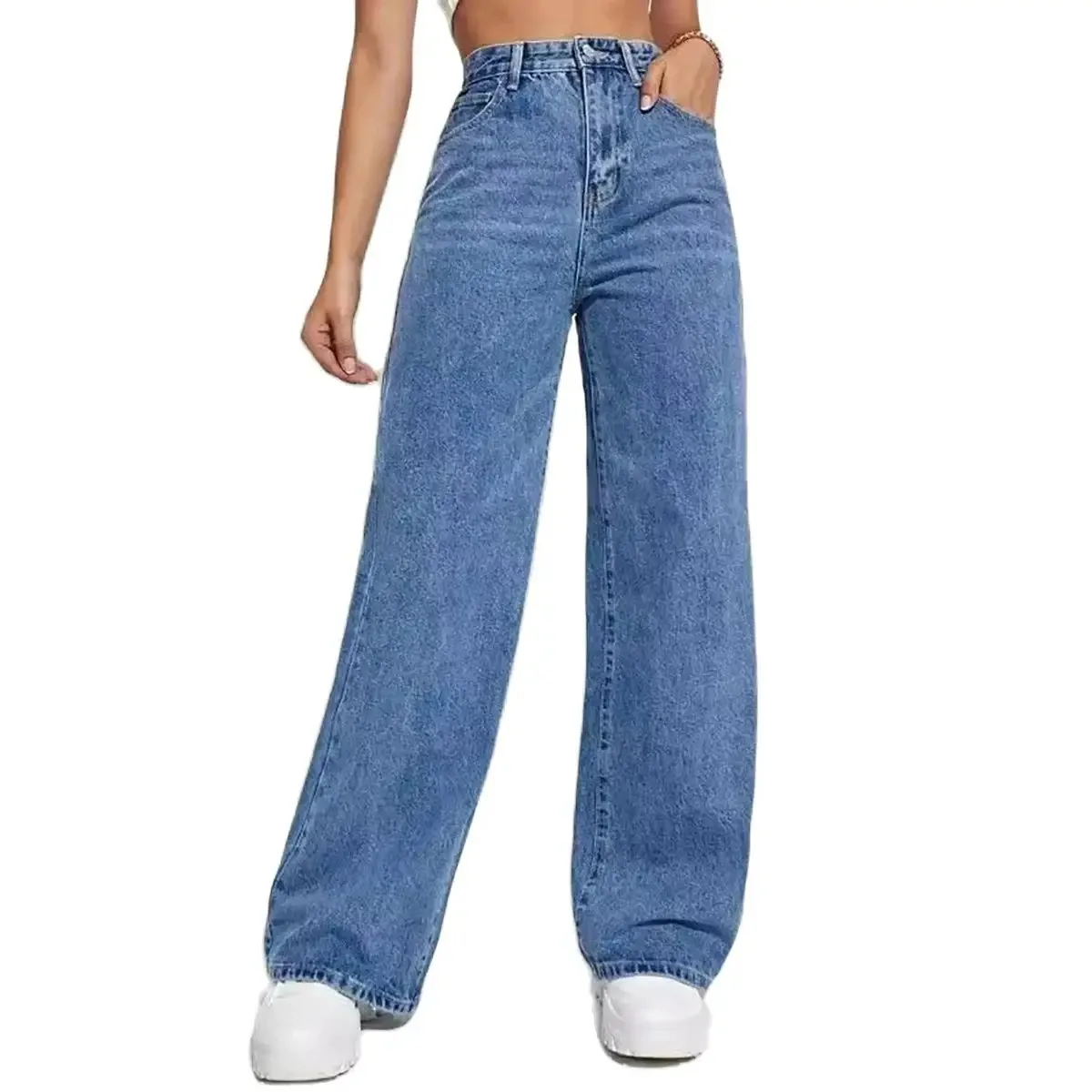 Fashion retro blue jeans women y2k High street baggy straight pants High waisted all-in-one slim pants