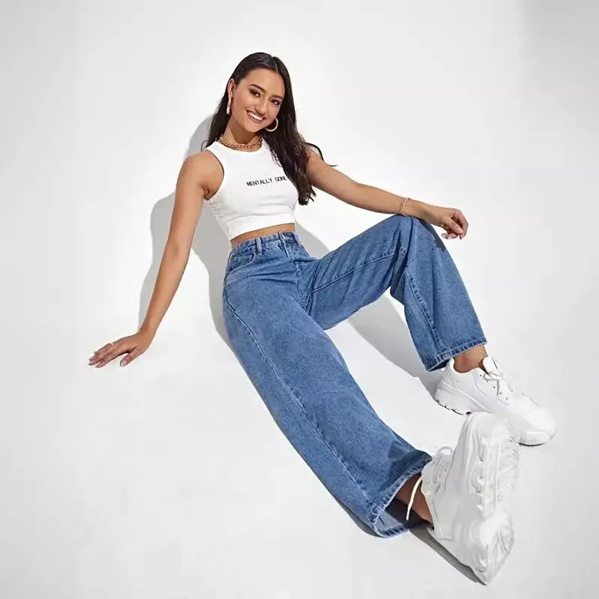 Fashion retro blue jeans women y2k High street baggy straight pants High waisted all-in-one slim pants Fashion retro blue jeans women y2k High street baggy straight pants High waisted all-in-one slim pants