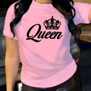 Short Sleeve Crown Letter Print Crew Neck T-Shirt for Spring & Summer Casual Women's Clothing