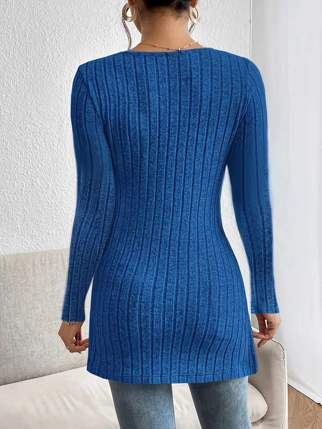 Women's Fashion V-neck Side Split Pit Strip Long sleeved T