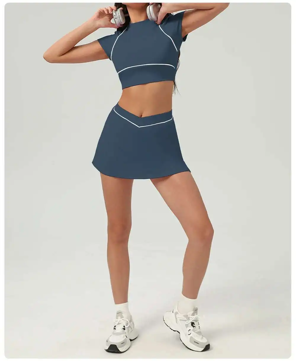 NCLAGEN Yoga Sets Women Gym Clothes 2 Piece Shorts Sleeve Shirts And Tennis Skirts Pants Outdoor Workout Sportswear Fitness Suit
