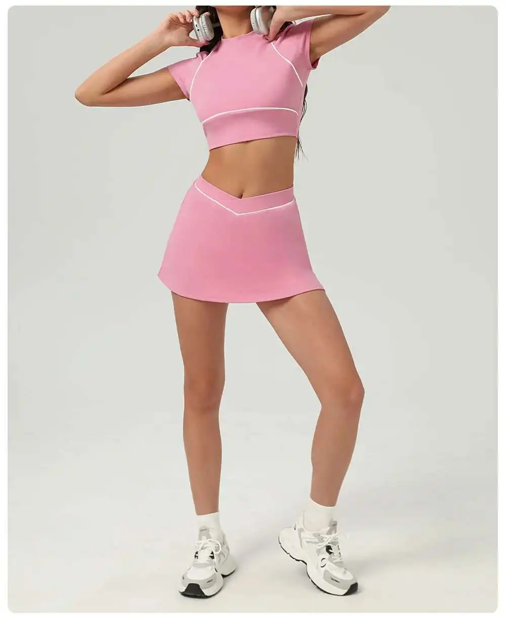 NCLAGEN Yoga Sets Women Gym Clothes 2 Piece Shorts Sleeve Shirts And Tennis Skirts Pants Outdoor Workout Sportswear Fitness Suit