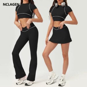 NCLAGEN Yoga Sets Women Gym Clothes 2 Piece Shorts Sleeve Shirts And Tennis Skirts Pants Outdoor Workout Sportswear Fitness Suit