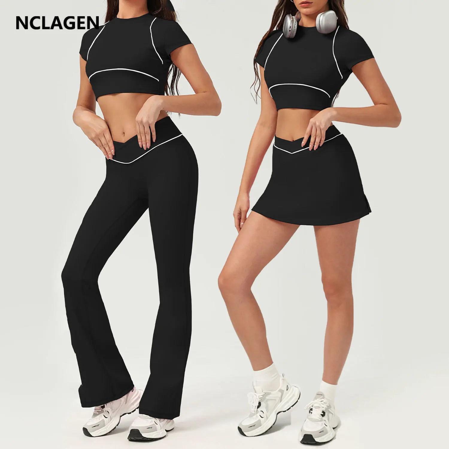 NCLAGEN Yoga Sets Women Gym Clothes 2 Piece Shorts Sleeve Shirts And Tennis Skirts Pants Outdoor Workout Sportswear Fitness Suit