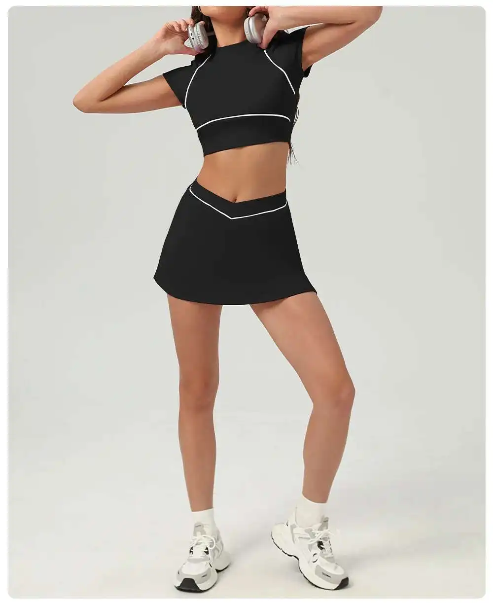 NCLAGEN Yoga Sets Women Gym Clothes 2 Piece Shorts Sleeve Shirts And Tennis Skirts Pants Outdoor Workout Sportswear Fitness Suit