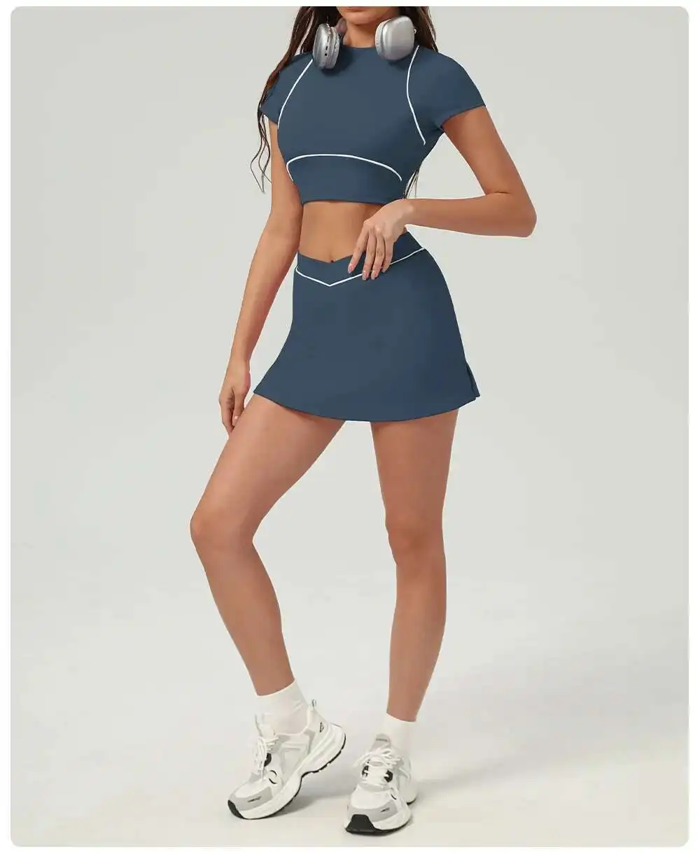 NCLAGEN Yoga Sets Women Gym Clothes 2 Piece Shorts Sleeve Shirts And Tennis Skirts Pants Outdoor Workout Sportswear Fitness Suit
