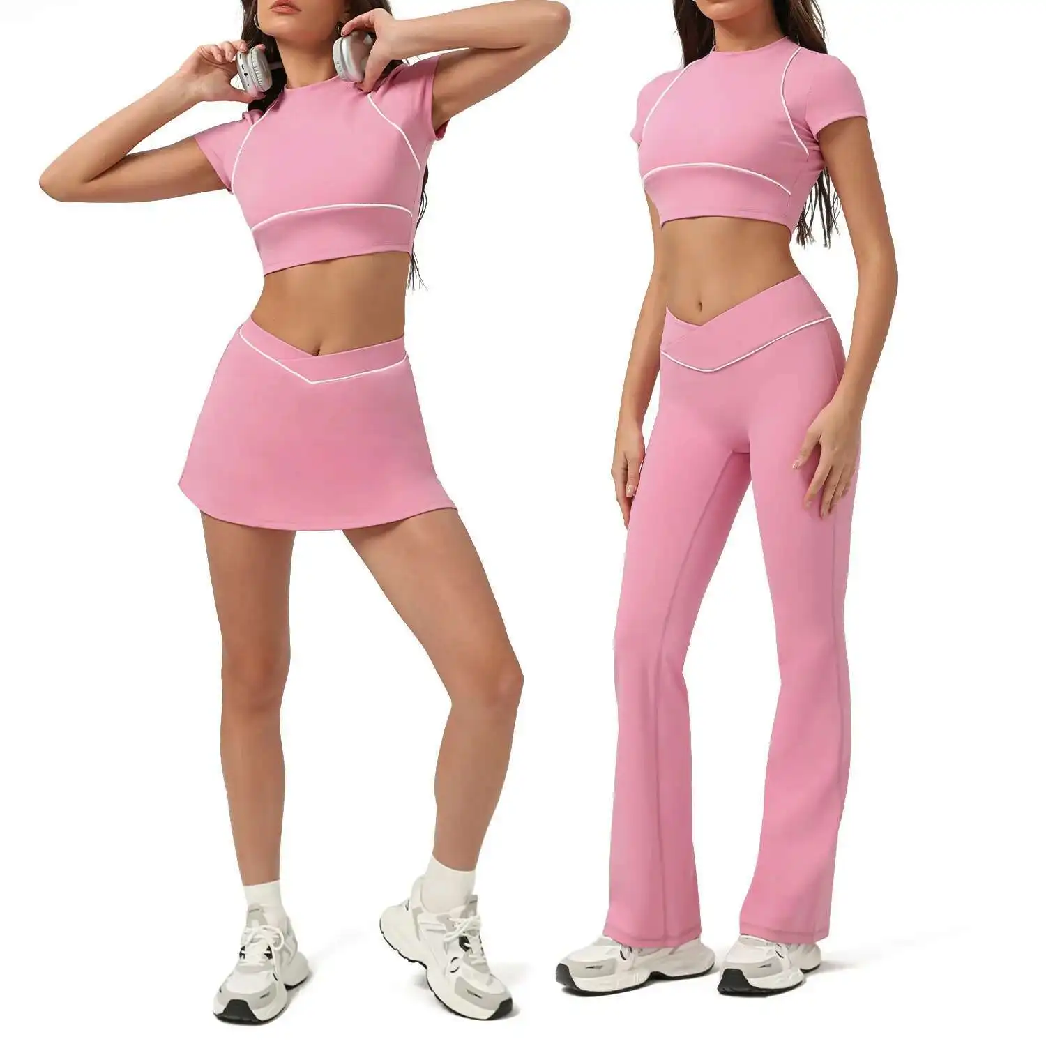 NCLAGEN Yoga Sets Women Gym Clothes 2 Piece Shorts Sleeve Shirts And Tennis Skirts Pants Outdoor Workout Sportswear Fitness Suit
