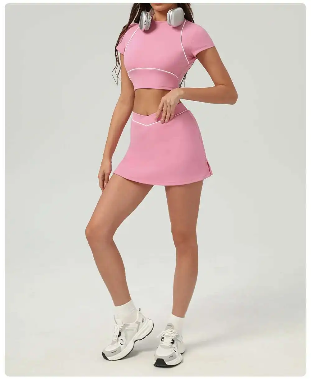 NCLAGEN Yoga Sets Women Gym Clothes 2 Piece Shorts Sleeve Shirts And Tennis Skirts Pants Outdoor Workout Sportswear Fitness Suit