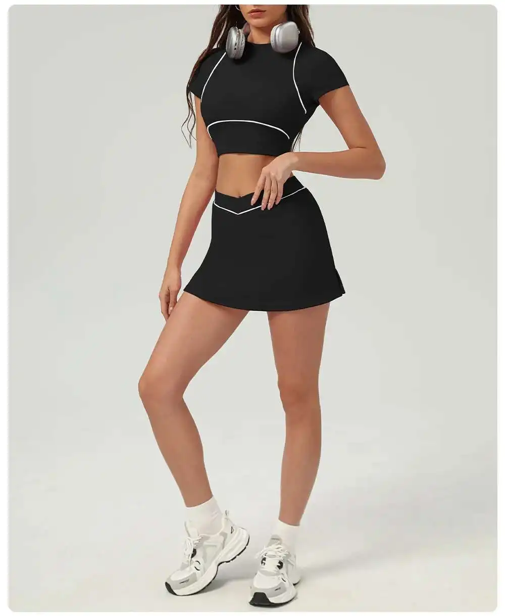 NCLAGEN Yoga Sets Women Gym Clothes 2 Piece Shorts Sleeve Shirts And Tennis Skirts Pants Outdoor Workout Sportswear Fitness Suit