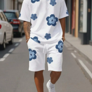 Men's Flower 3D Print Crew Neck Short Sleeve T-Shirt & Shorts Set Round Neck Gradient Short Sleeved Women's T-shirt Shorts Set