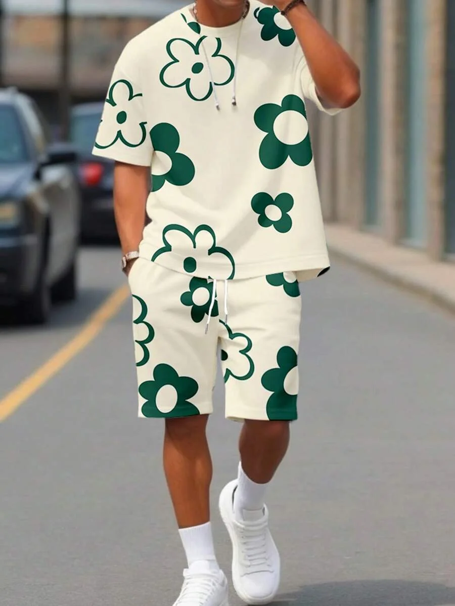 Men's Flower 3D Print Crew Neck Short Sleeve T-Shirt & Shorts Set Round Neck Gradient Short Sleeved Women's T-shirt Shorts Set