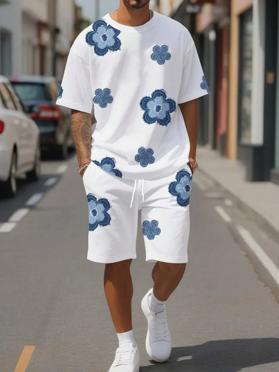 Men's Flower 3D Print Crew Neck Short Sleeve T-Shirt & Shorts Set Round Neck Gradient Short Sleeved Women's T-shirt Shorts Set Men's Flower 3D Print Crew Neck Short Sleeve T-Shirt & Shorts Set Round Neck Gradient Short Sleeved Women's T-shirt Shorts Set