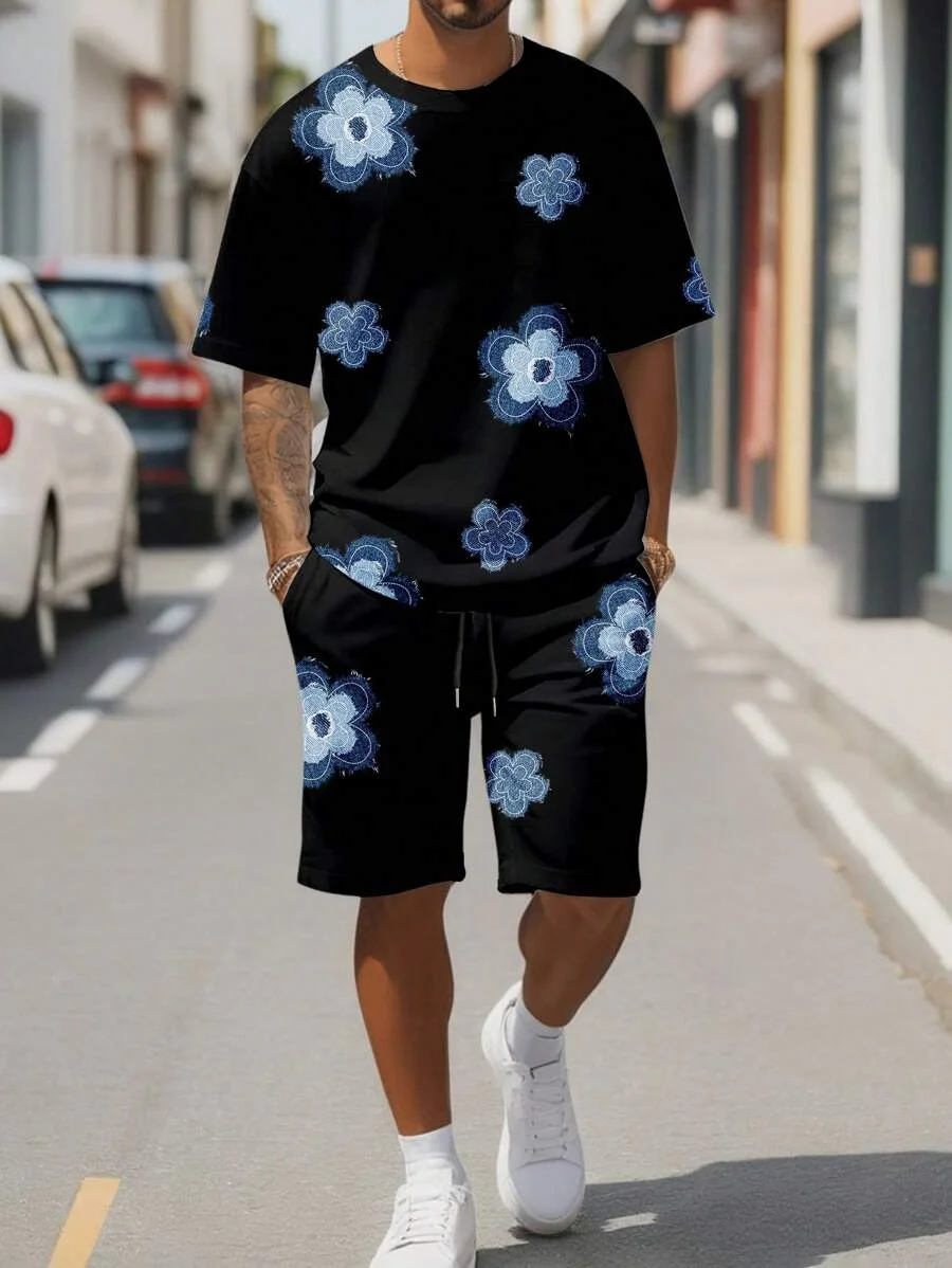 Men's Flower 3D Print Crew Neck Short Sleeve T-Shirt & Shorts Set Round Neck Gradient Short Sleeved Women's T-shirt Shorts Set