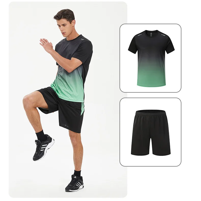 Men Active Quick Dry Crew Neck T Shirts and Shorts Set Athletic Workout Short Sleeve Clothes Basketball Running Gym Sports Suit