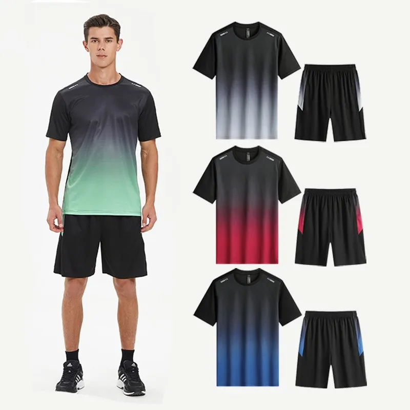 Men Active Quick Dry Crew Neck T Shirts and Shorts Set Athletic Workout Short Sleeve Clothes Basketball Running Gym Sports Suit