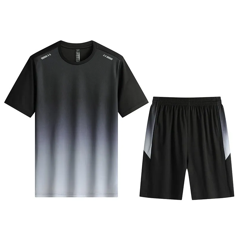 Men Active Quick Dry Crew Neck T Shirts and Shorts Set Athletic Workout Short Sleeve Clothes Basketball Running Gym Sports Suit