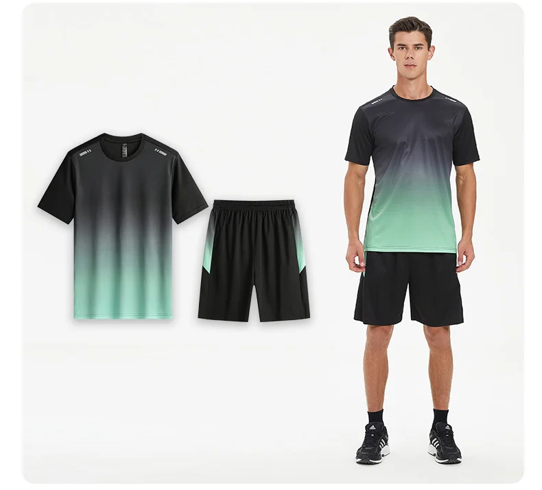 Men Active Quick Dry Crew Neck T Shirts and Shorts Set Athletic Workout Short Sleeve Clothes Basketball Running Gym Sports Suit