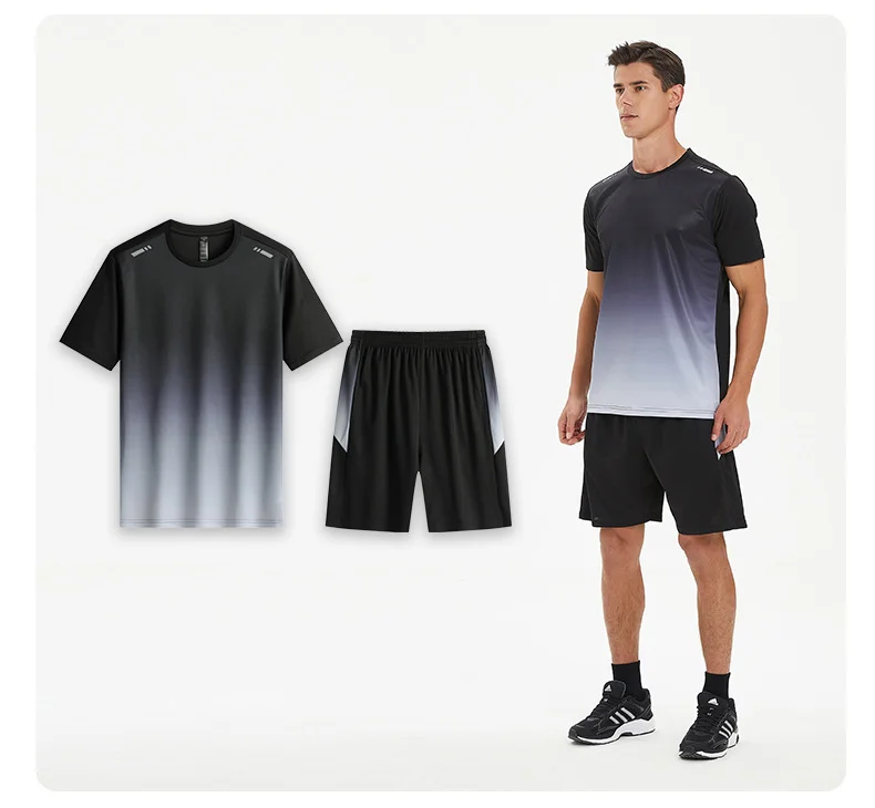 Men Active Quick Dry Crew Neck T Shirts and Shorts Set Athletic Workout Short Sleeve Clothes Basketball Running Gym Sports Suit