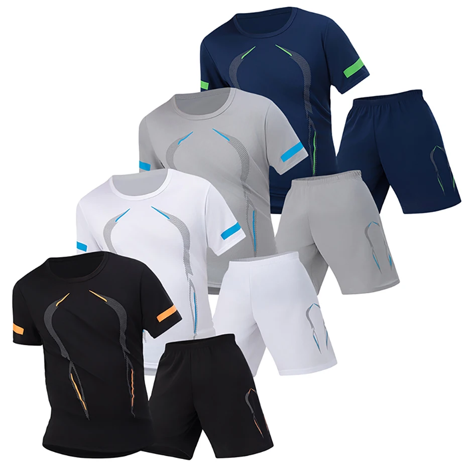 2 Pcs Men's Mesh Breathable Quick-drying Sports Suit Loose Plus Size Running Fitness Mountaineering Casual Short-sleeved Shorts 2 Pcs Men's Mesh Breathable Quick-drying Sports Suit Loose Plus Size Running Fitness Mountaineering Casual Short-sleeved Shorts