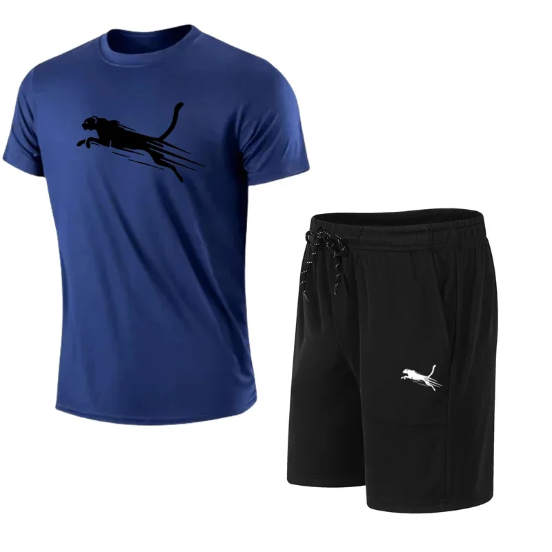 2025 Summer Men's Running Set Cheetah Printed Top Casual T-shirt+Shorts Two Piece Set Slow Running Breathable Quick Drying