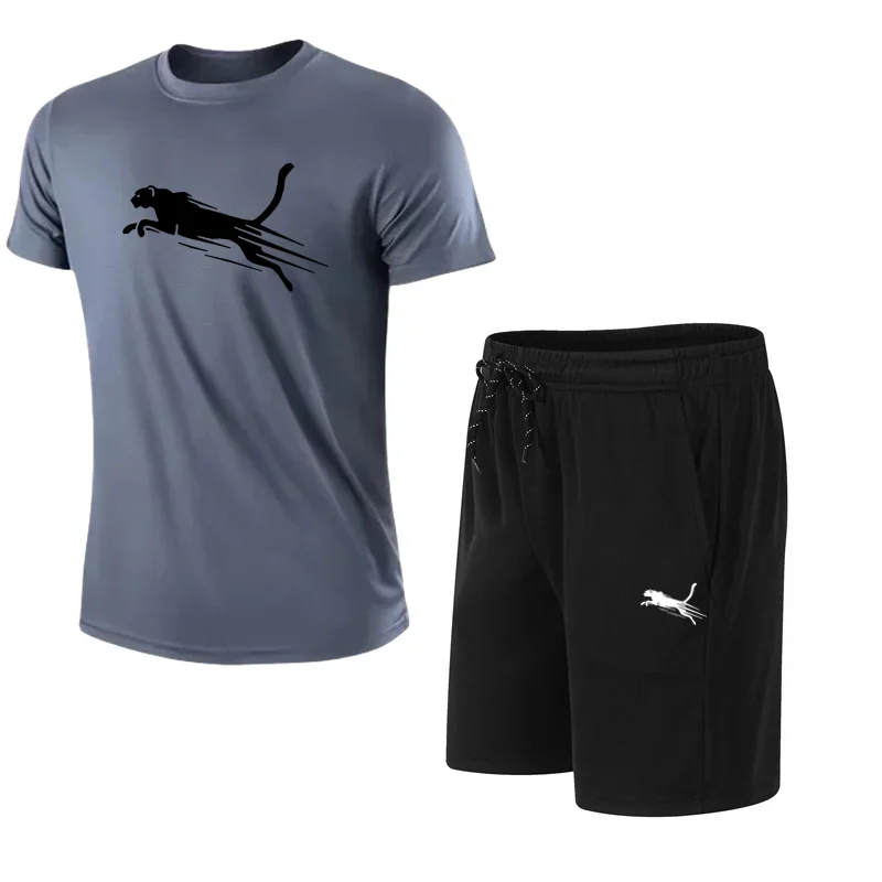2025 Summer Men's Running Set Cheetah Printed Top Casual T-shirt+Shorts Two Piece Set Slow Running Breathable Quick Drying