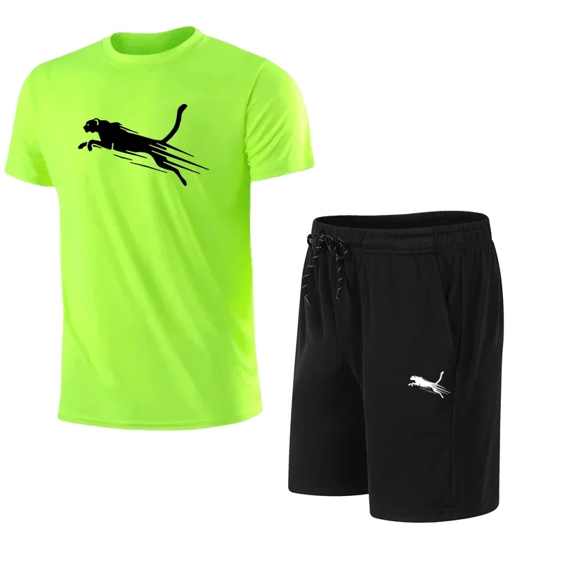 2025 Summer Men's Running Set Cheetah Printed Top Casual T-shirt+Shorts Two Piece Set Slow Running Breathable Quick Drying