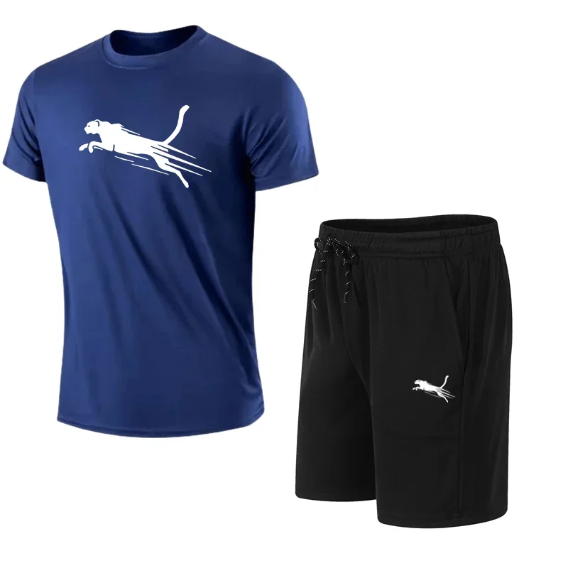 2025 Summer Men's Running Set Cheetah Printed Top Casual T-shirt+Shorts Two Piece Set Slow Running Breathable Quick Drying